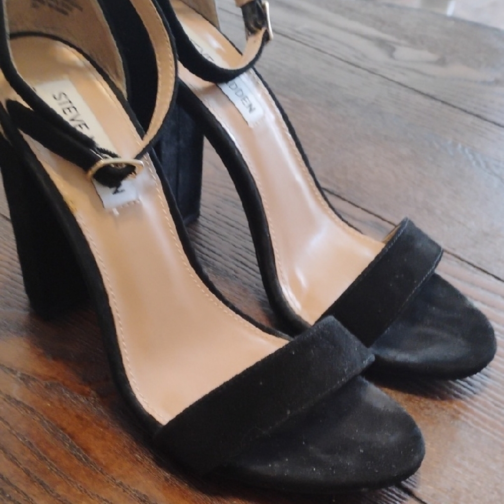 {$20 BUNDLED} STEVE MADDEN Black Leather Suede Ankle Strapped Block Heel Sandals - Picture 9 of 11